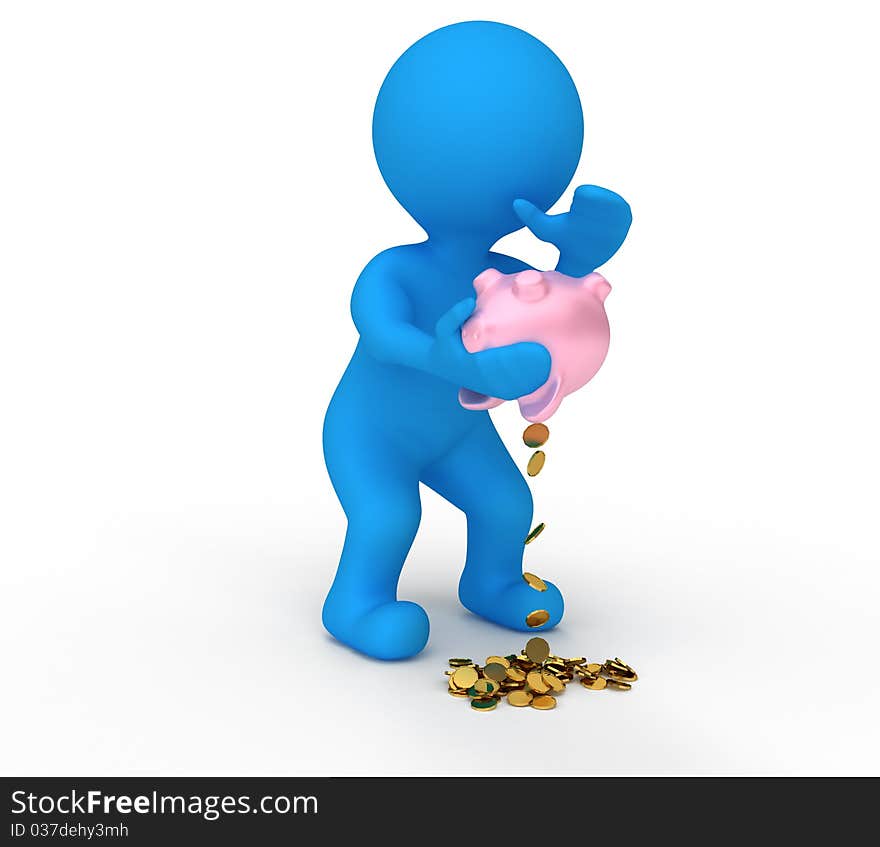 Man pulls out the last gold coins from the piggy bank. Man pulls out the last gold coins from the piggy bank