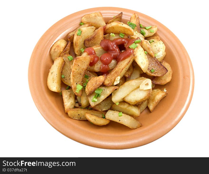 Fried potatoes with ketchup