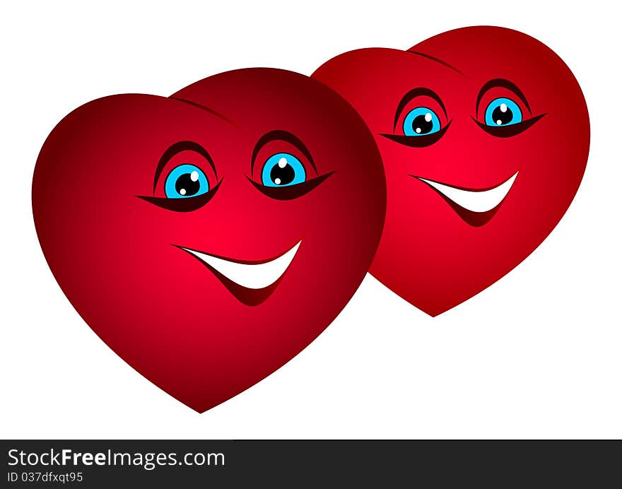 Two red hearts on a white background. They smile. Two red hearts on a white background. They smile.