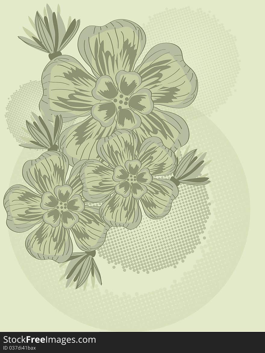 Grunge grey-green background with flowers