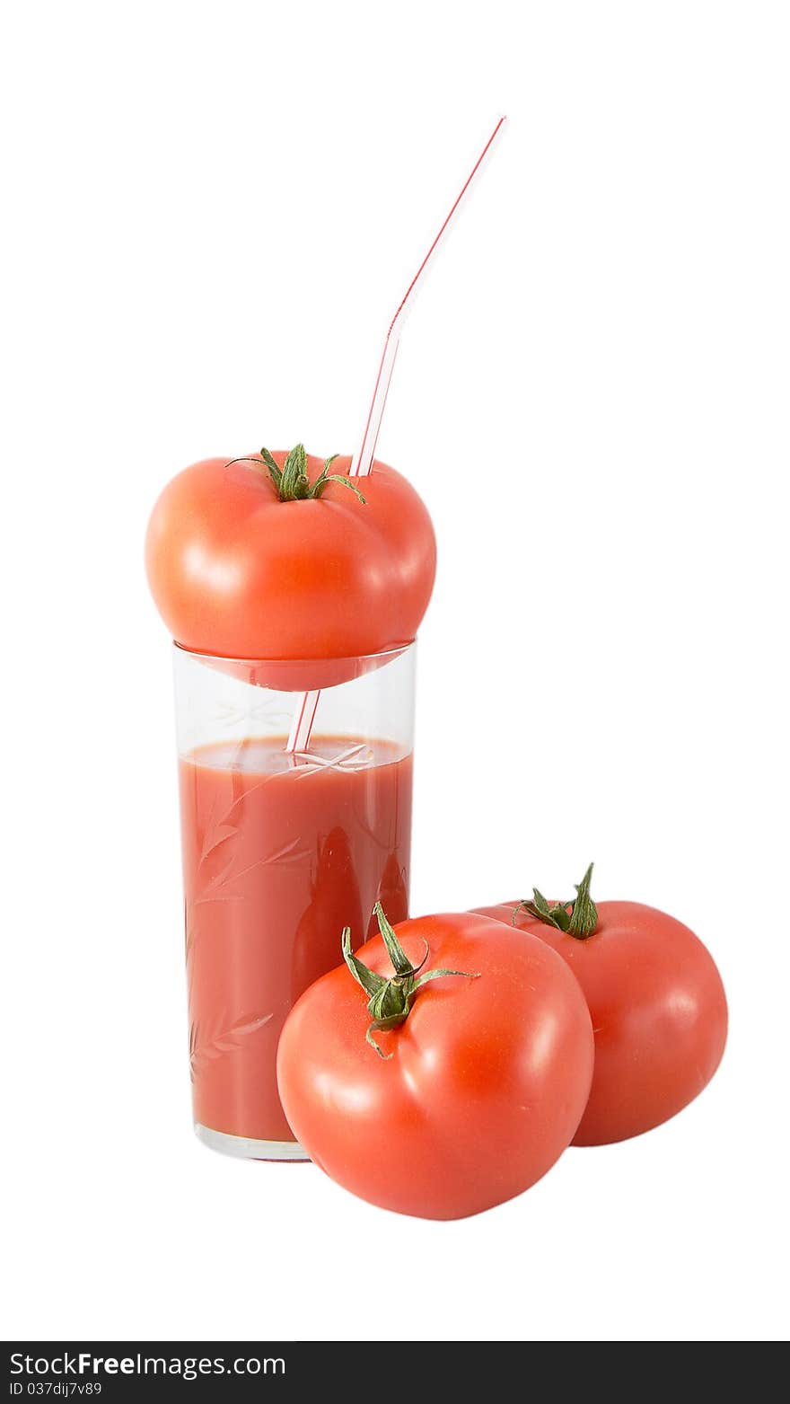 Glass of tomato juice and tomato isolated on a white background