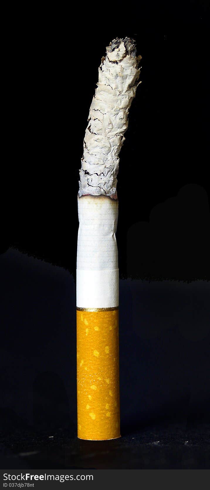 Lit standing cigarette isolated on black background