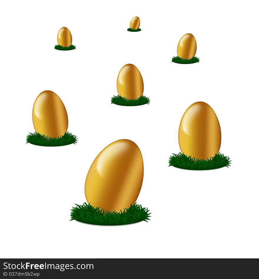 Golden egg s on green grass isolated