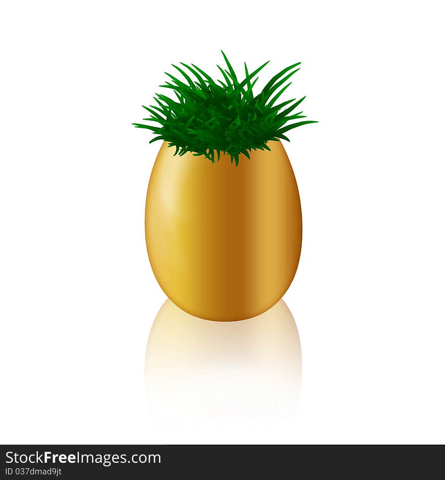 Green grass in gold egg on whie background. Green grass in gold egg on whie background