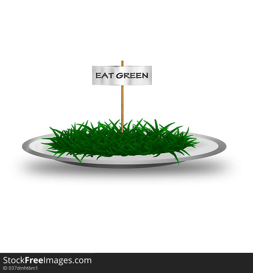 Plate with green grass and text Eat green. Healthy living.