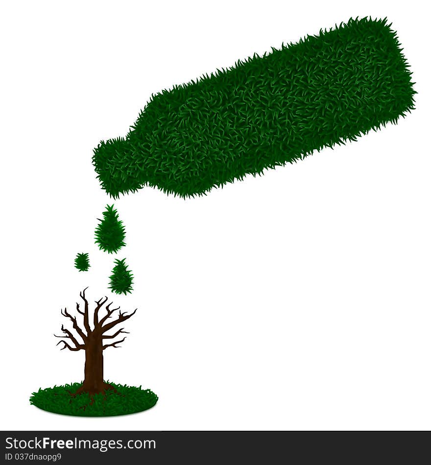 Watering tree with green grass bottle