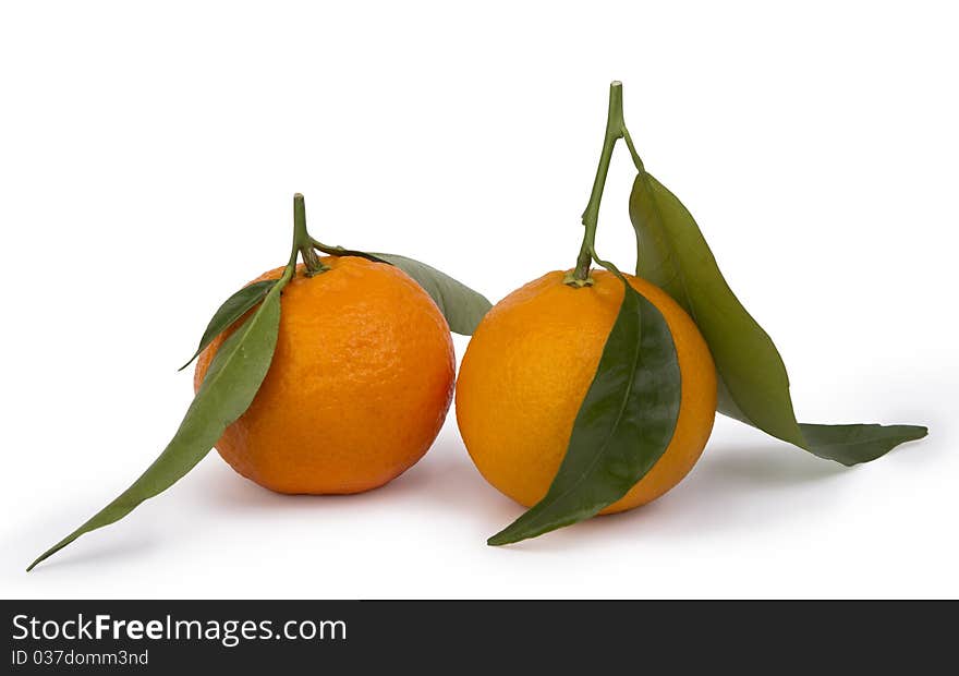 Ripe tangerines with leaves and segments on a white background