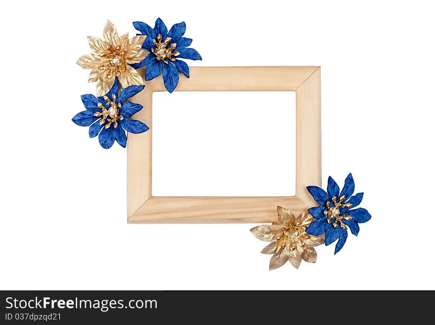 Wooden photo frame with blue and golden flowers