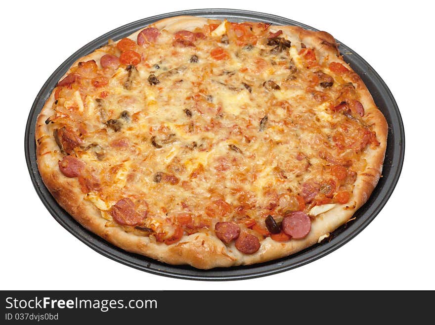 Hot fresh pizza on a baking tray isolated