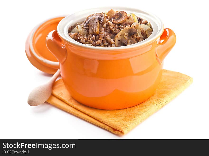 Buckwheat with mushrooms in a pot