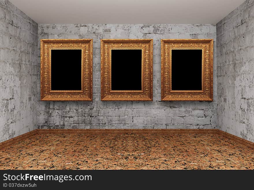 Grunge show room with picture frames