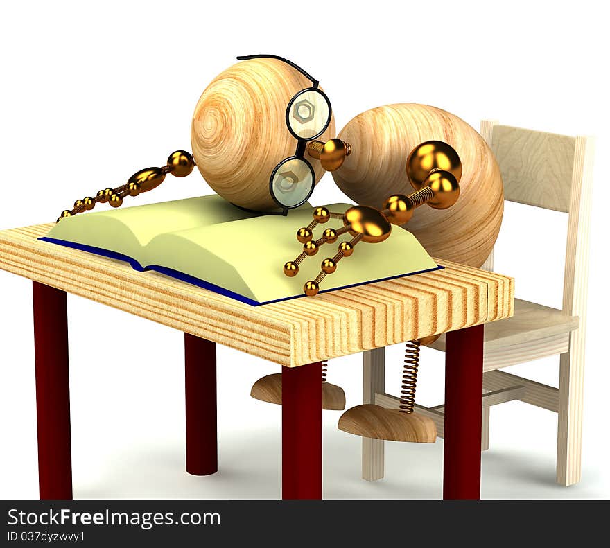 3d wood man sleeping on the book isolated on white