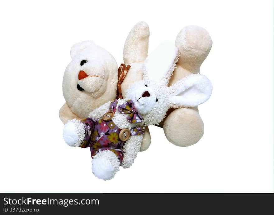 Bear and rabbit lying isolated on a white background