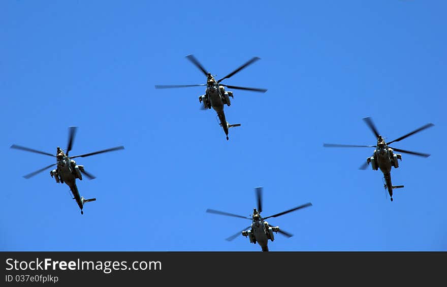 These helicopters were flying in Moscow, Russia, during Victory Day parade in 2010. These helicopters were flying in Moscow, Russia, during Victory Day parade in 2010.