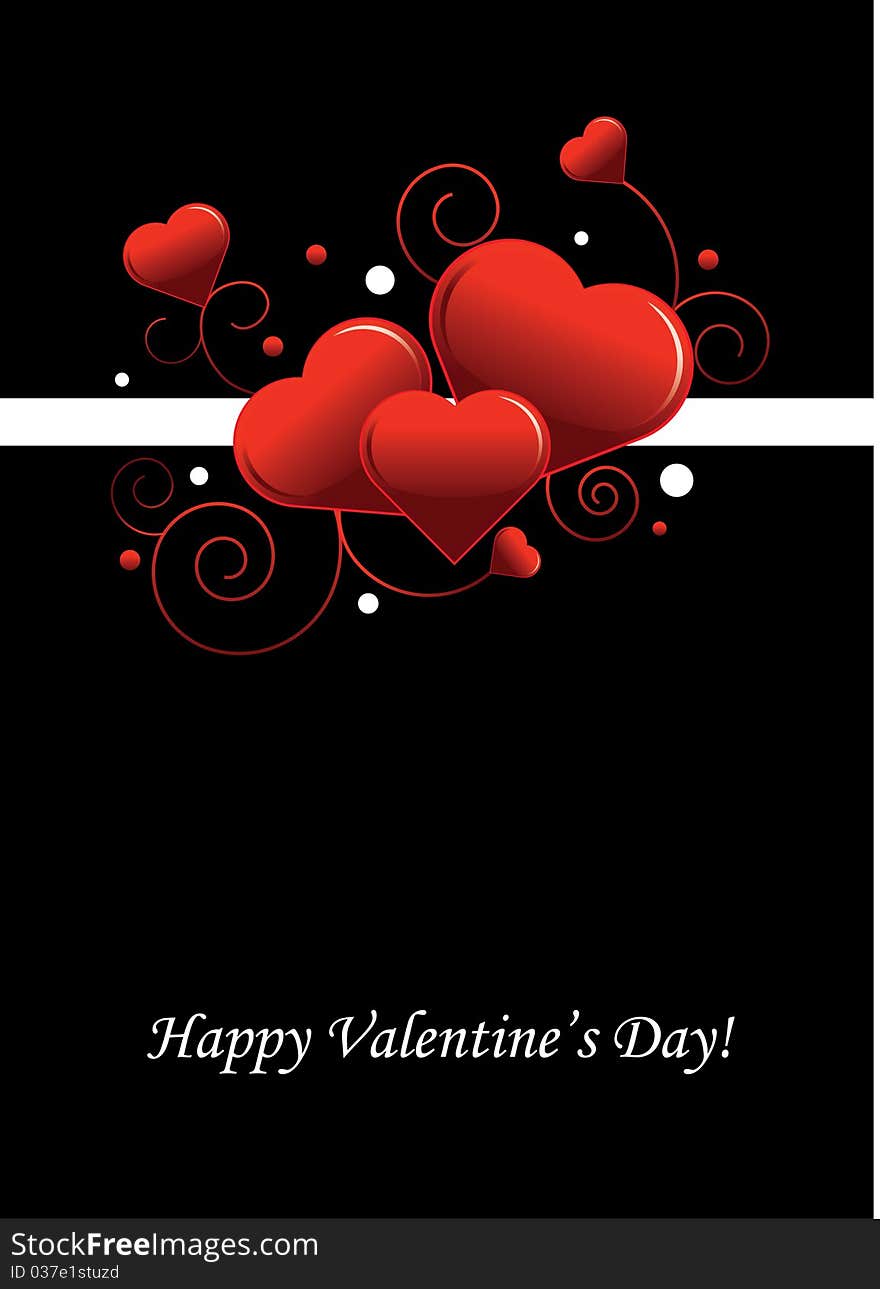 Elegant Valentine's Day postcard with stylish red hearts, colorful circles and swirls