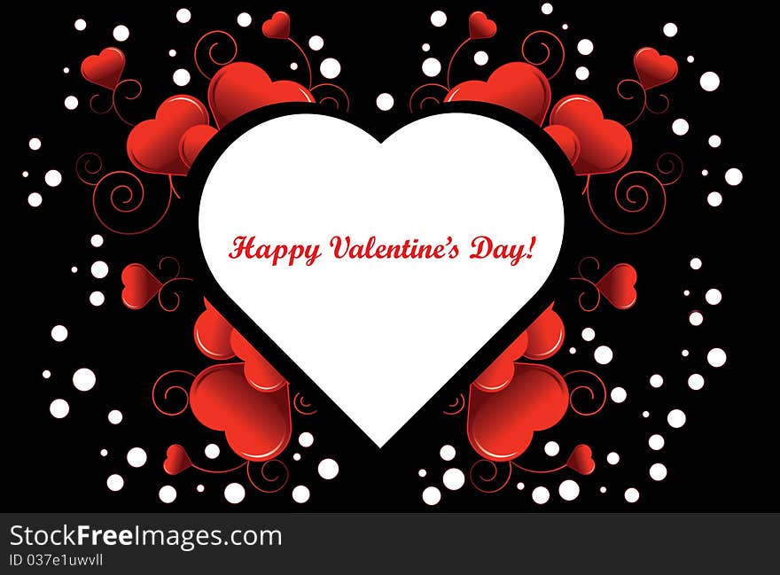 Valentine's Day black and white background with stylish red hearts, colorful circles and swirls. Valentine's Day black and white background with stylish red hearts, colorful circles and swirls