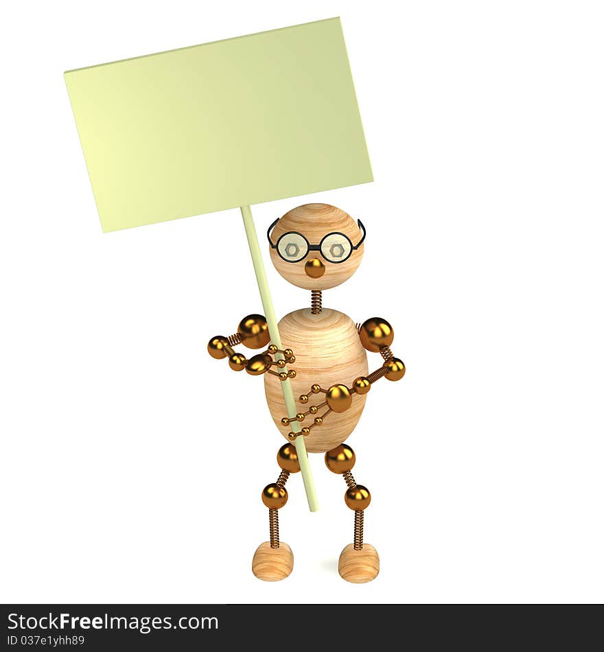 3d wood man with a blank board isolated