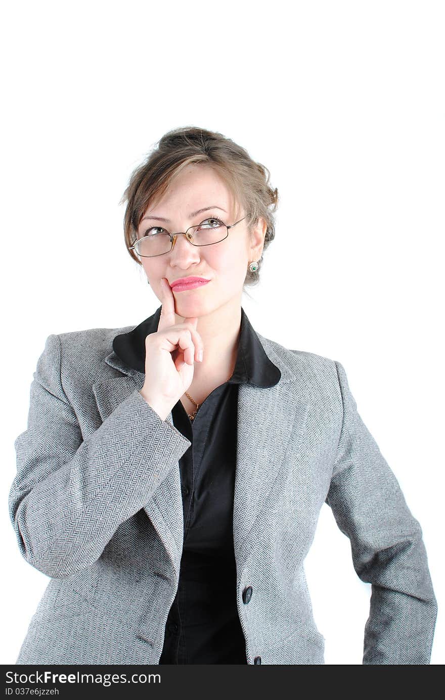 Thoughtful business woman looking right, isolated over a white background. Thoughtful business woman looking right, isolated over a white background