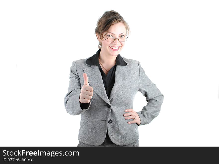 Studio portrait of young business woman showing OK sign, looking at camera and smiling. Isolated on white background. Studio portrait of young business woman showing OK sign, looking at camera and smiling. Isolated on white background