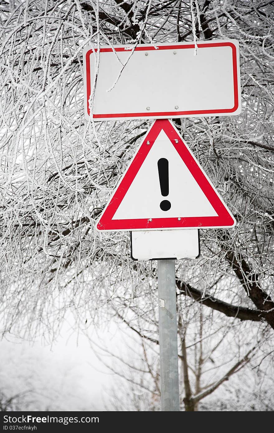 Notice board, and blank city sign, winter. Notice board, and blank city sign, winter