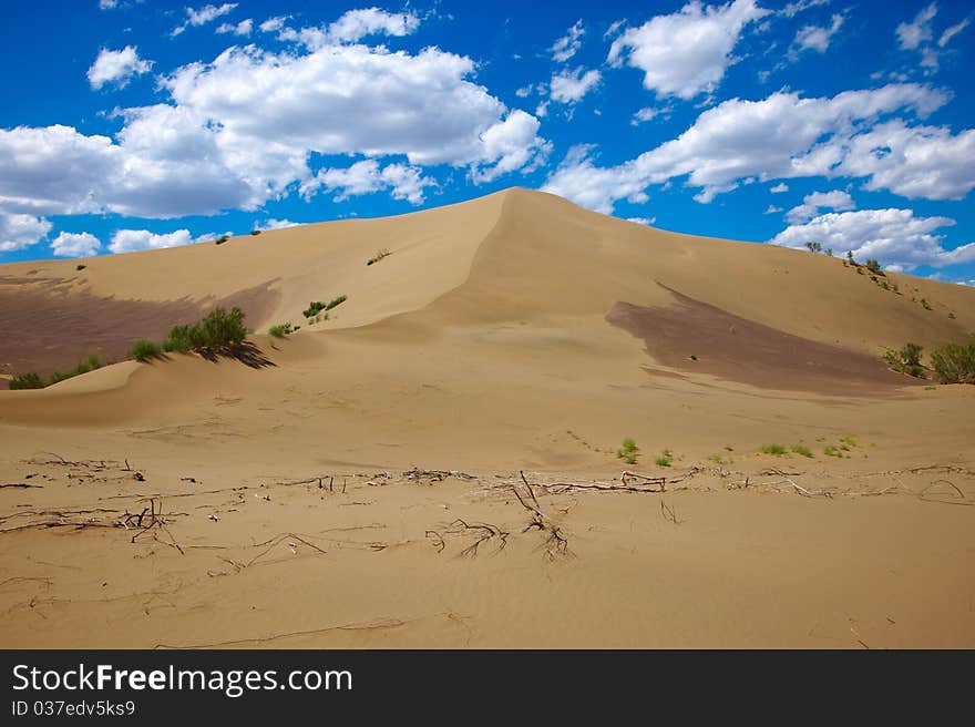 Hot sandy desert with the blue sky