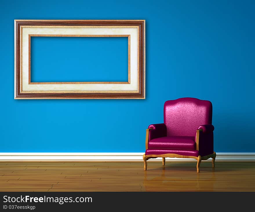 Purple chair with empty frame in blue minimalist interior