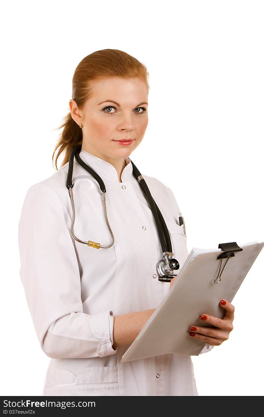 Red hair doctor with stethoscope and notes