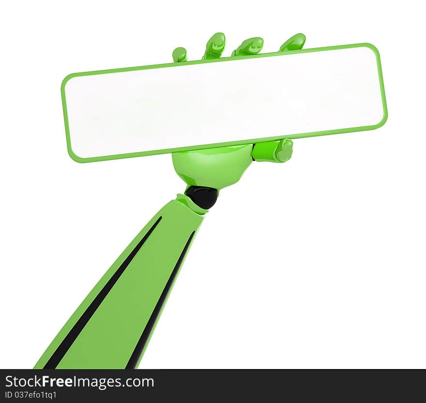 Robotic hand hold a green blank plate. Robotic hand hold a green blank plate