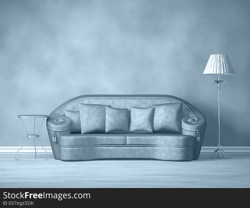 Couch with table and standard lamp in blue interior