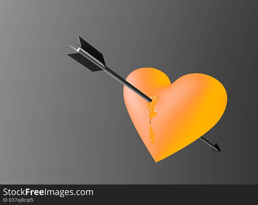 Arrow through yellow heart on grey background. Arrow through yellow heart on grey background