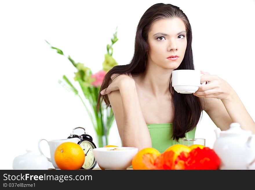 Beautiful woman  in cafe over white background