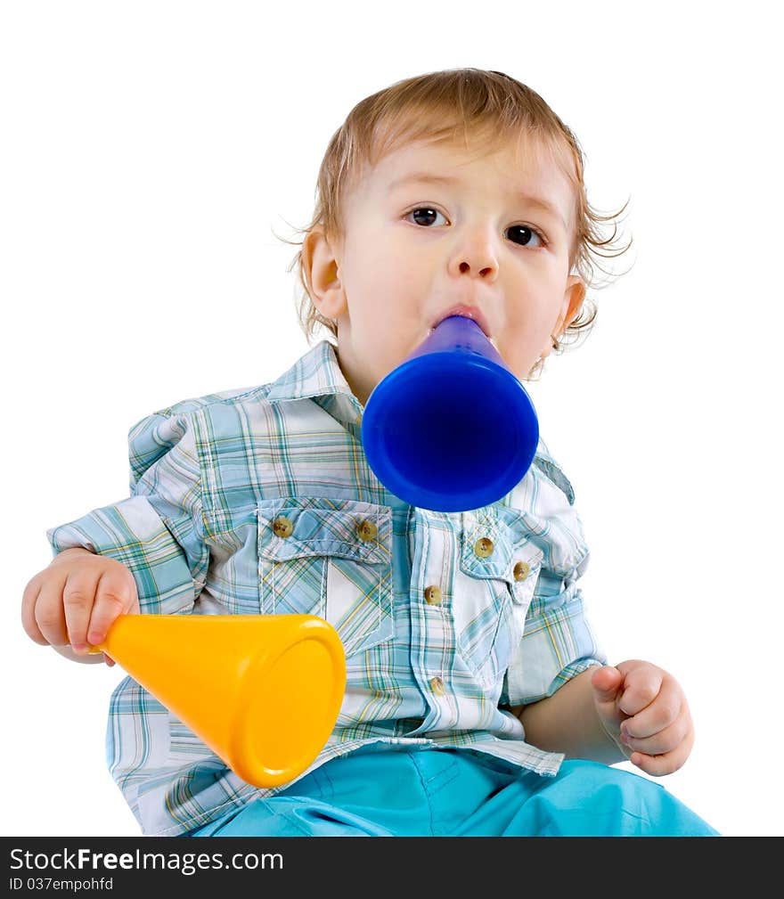 Baby boy shouting through a toy like megaphone, isolated