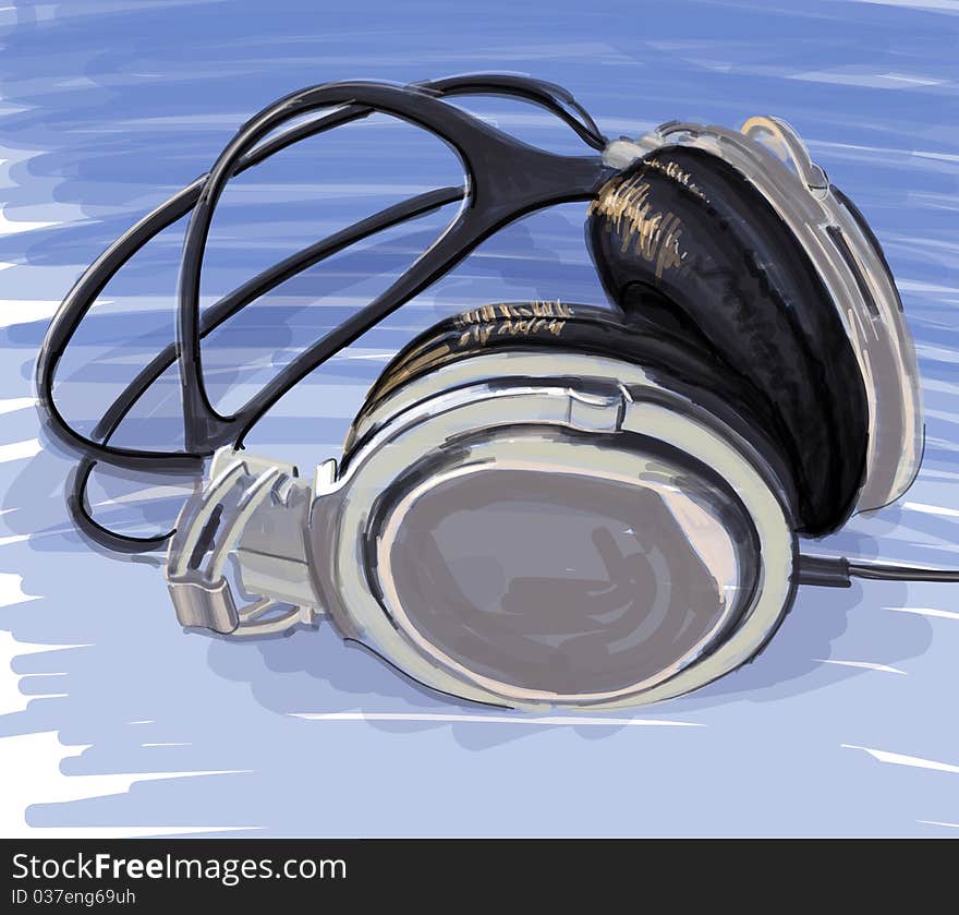 Headphones on blue background - color paint. Vector illustration - eps10