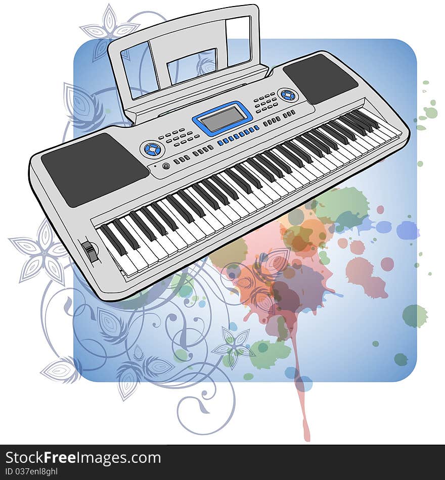 Electronic musical midi keyboard - synth & floral calligraphy ornament - a stylized orchid, color paint background