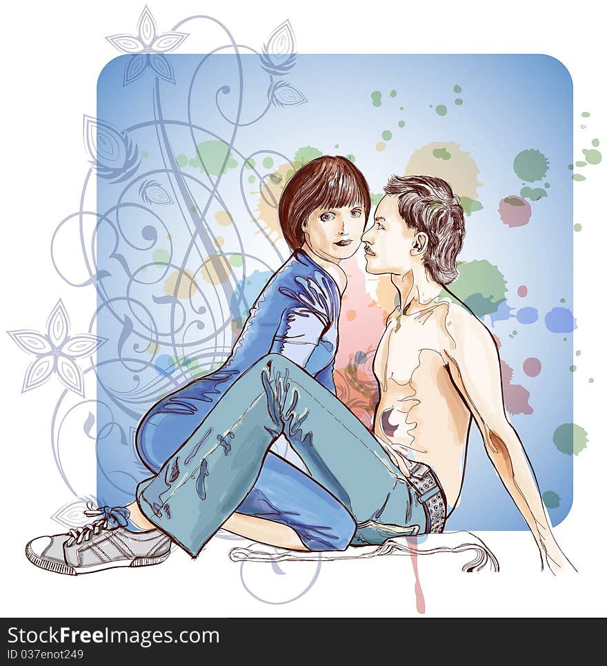 Vector illustration: two lovers & floral calligraphy ornament - a stylized orchid & color paint background - eps10