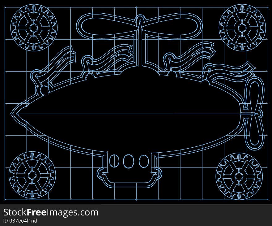 Fantasy Airship Blueprint Gears, Flags outline on