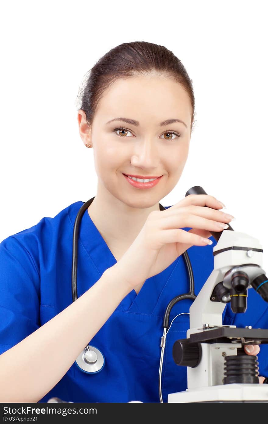 Woman doctor in uniform stay over white background