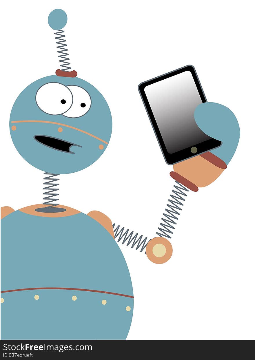 Surprised Cartoon Robot Holding Tablet