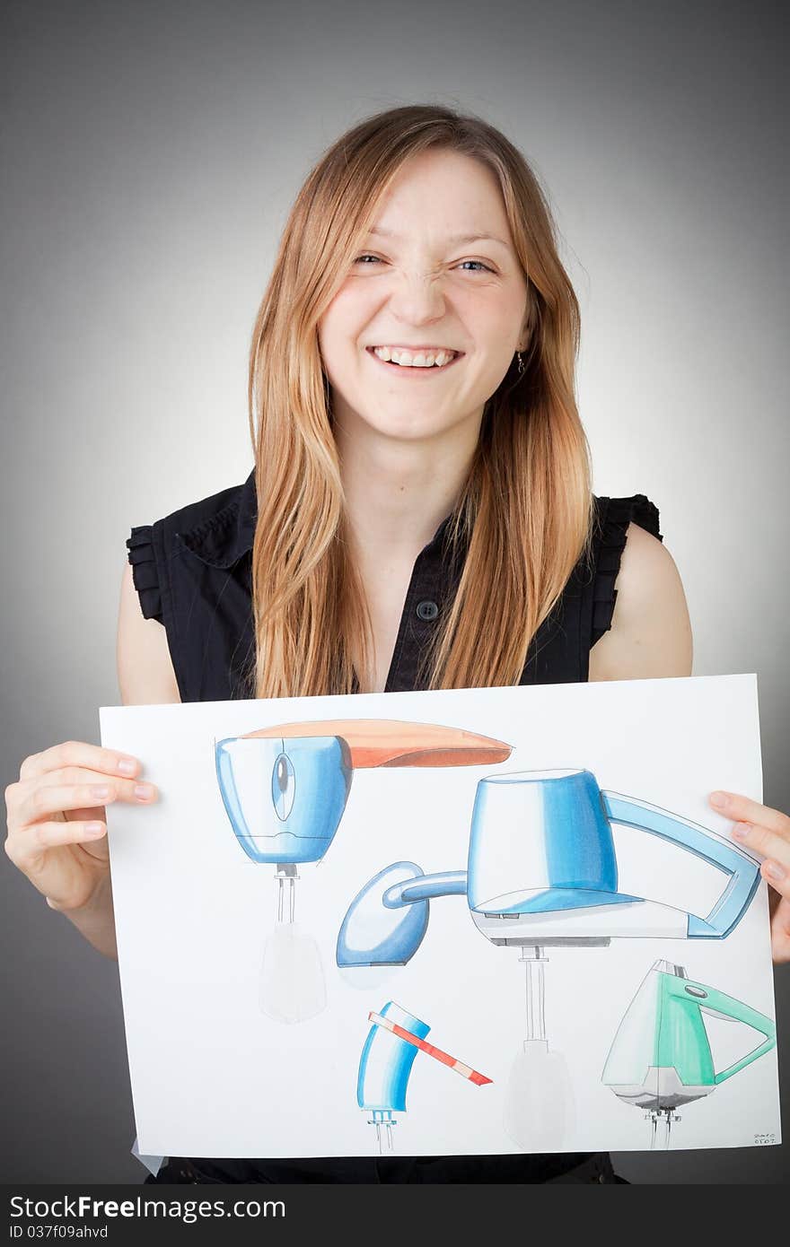 Young Design Engineer Woman Shows a Design Plan, with Grey Background