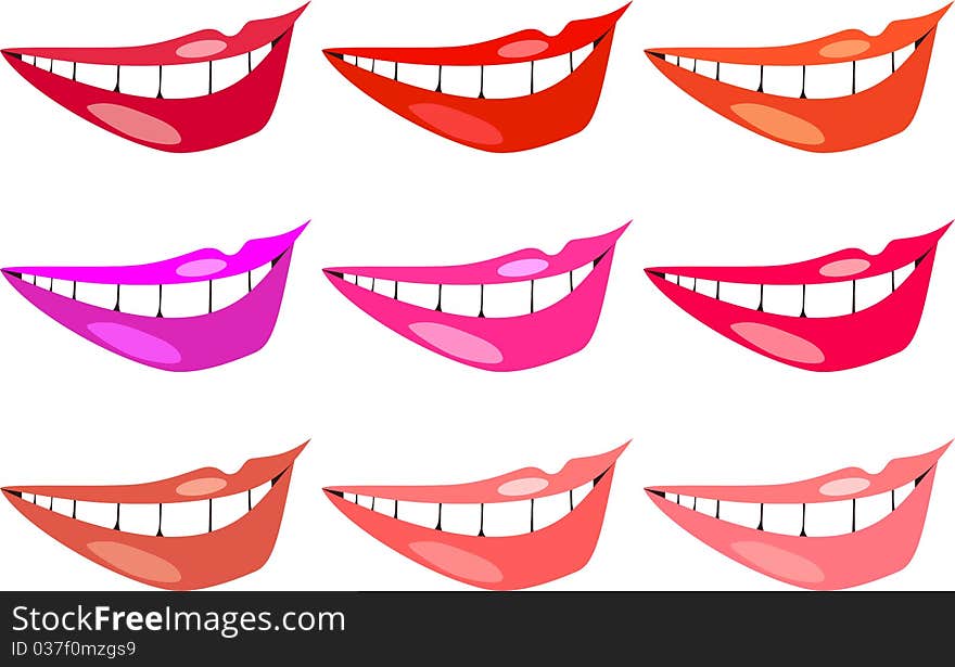 A set of drawings of women's lips on a white background. A set of drawings of women's lips on a white background