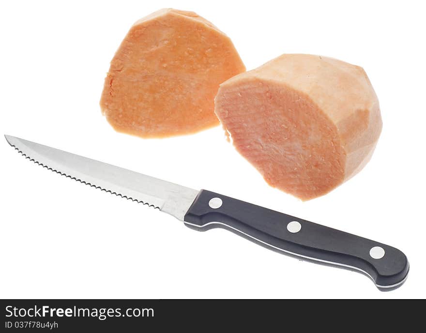 Sliced Sweet Potatoes with Knife