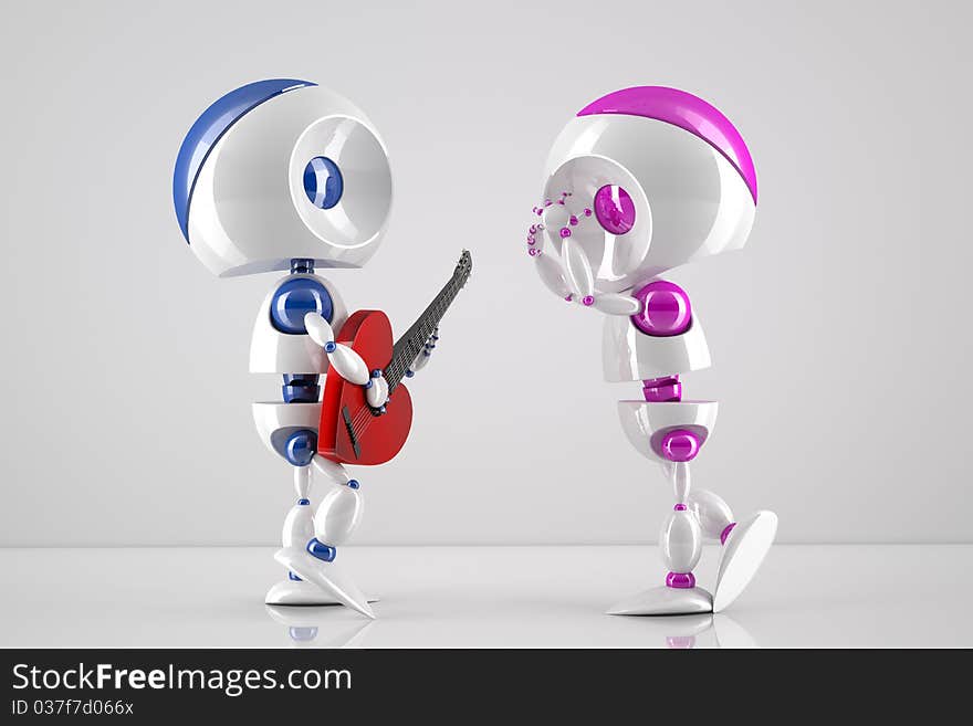 3d robot-boy singing a love serenade to his robot-girl