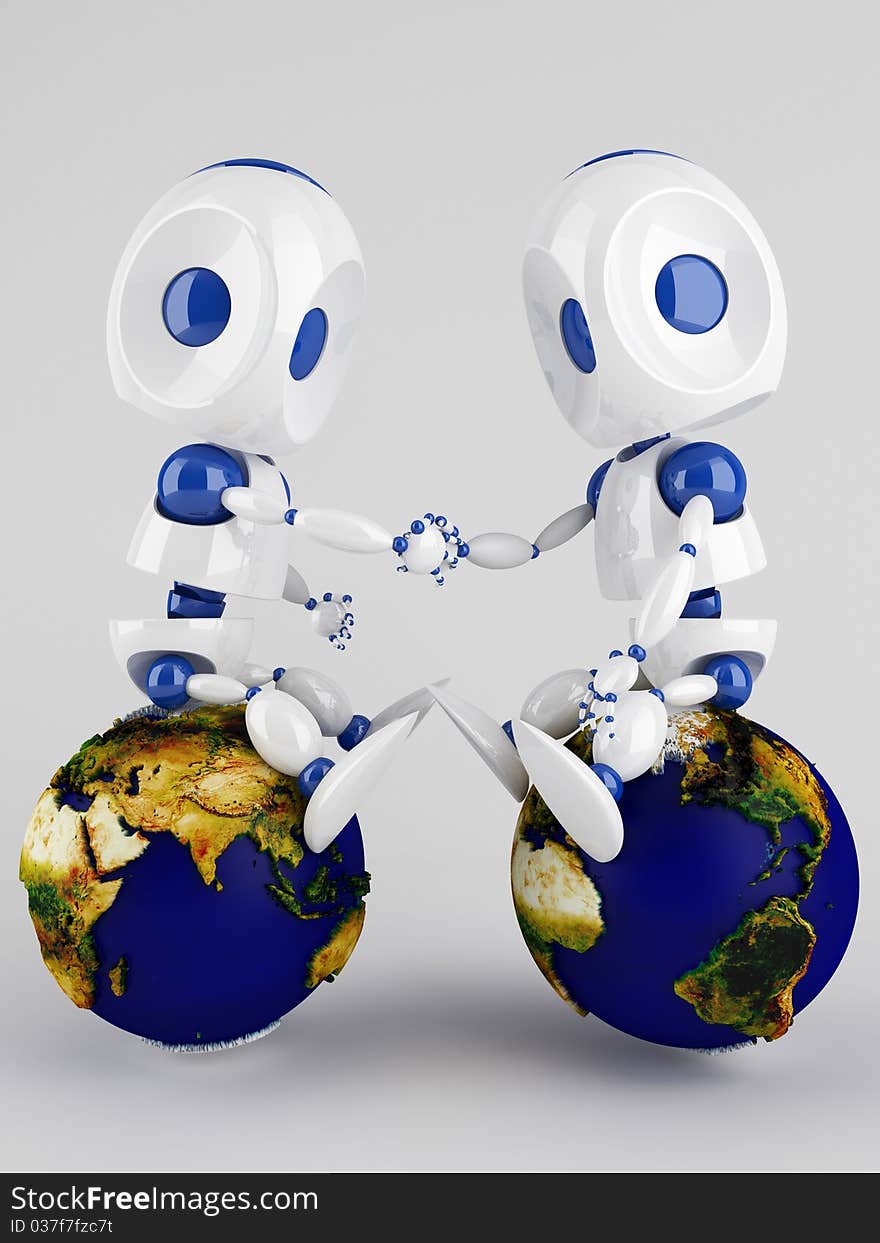 Two 3d  robots holding their hands sitting on the world globe. Two 3d  robots holding their hands sitting on the world globe