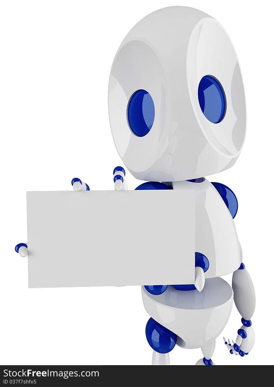 Small robot holding and presenting a blank card