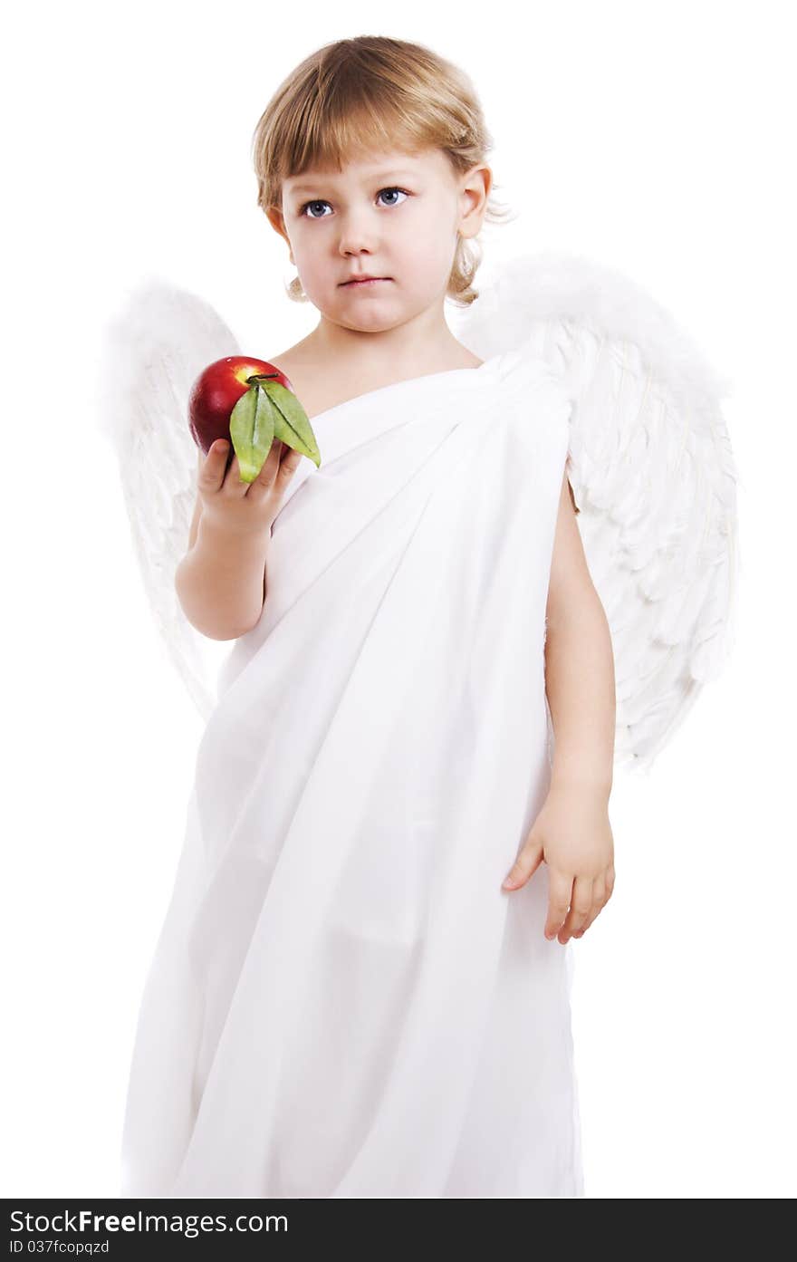 Boy angel with wings gives red apple. Boy angel with wings gives red apple