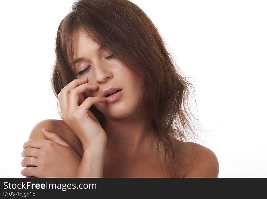 Portrait of a sensual woman with a hand around a person on a white background