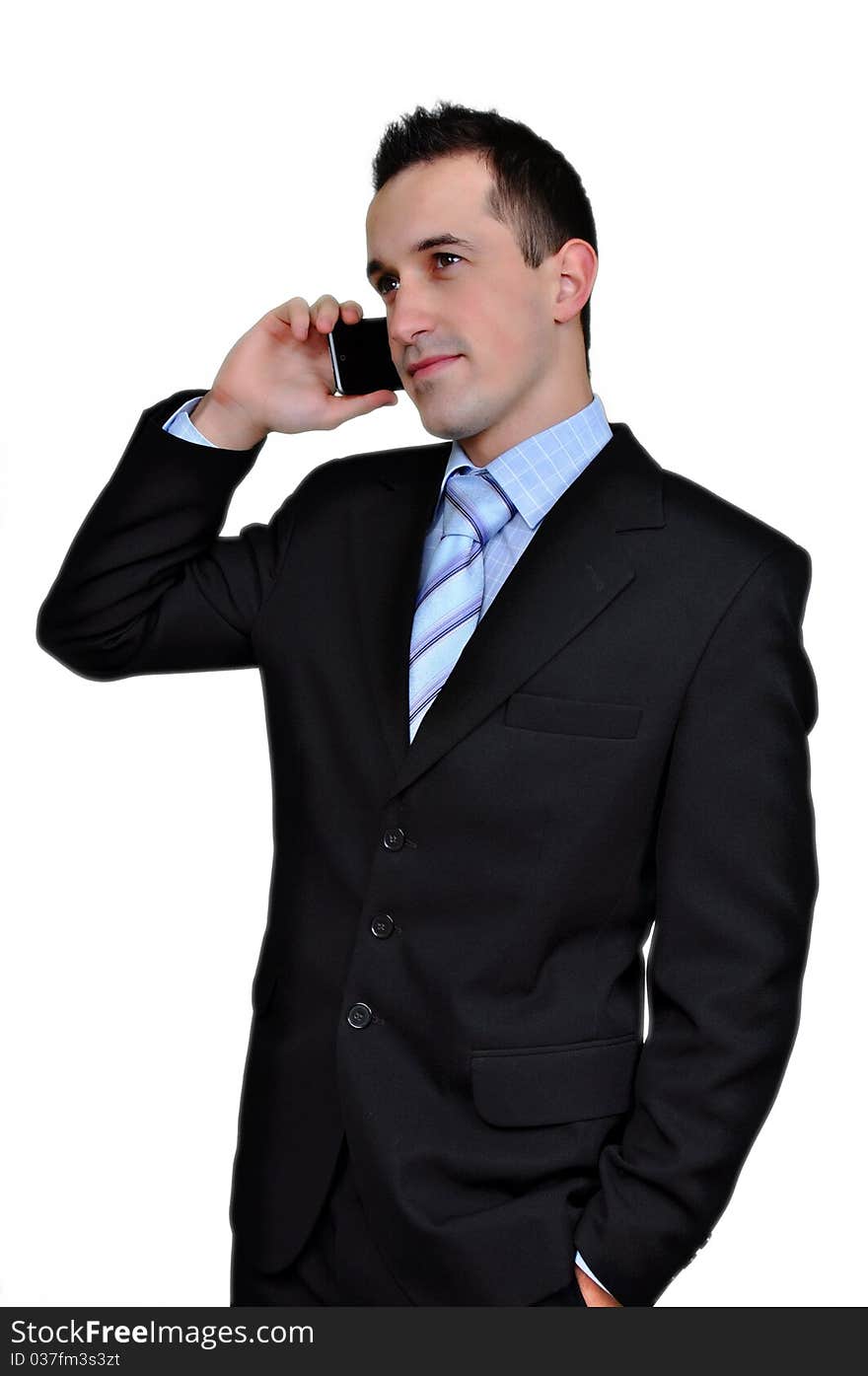 Portrait of business man with mobile phone. isolated on white background