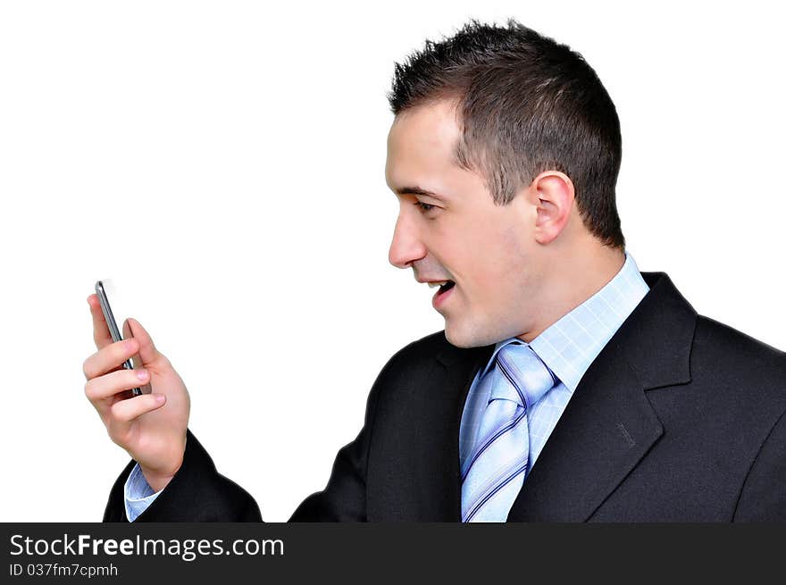 Portrait of business man with mobile phone. isolated on white background