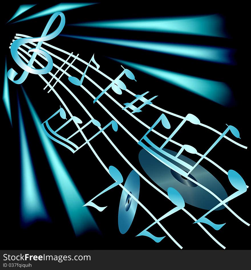 Treble clef and notes against disks and rays of light. Treble clef and notes against disks and rays of light.