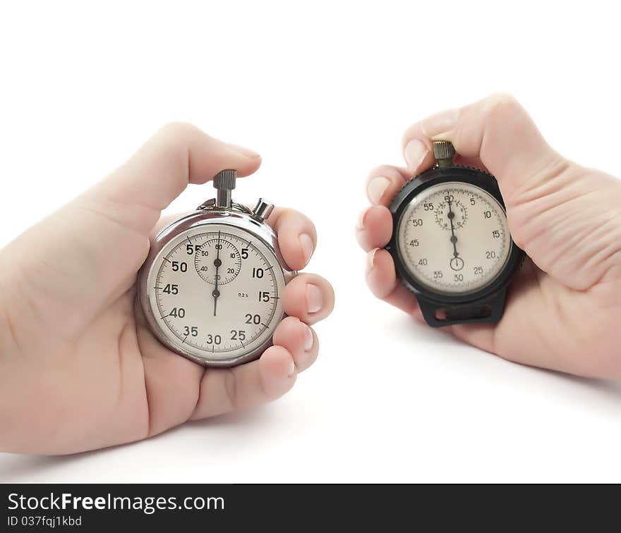 Stopwatches in their hands on a white background